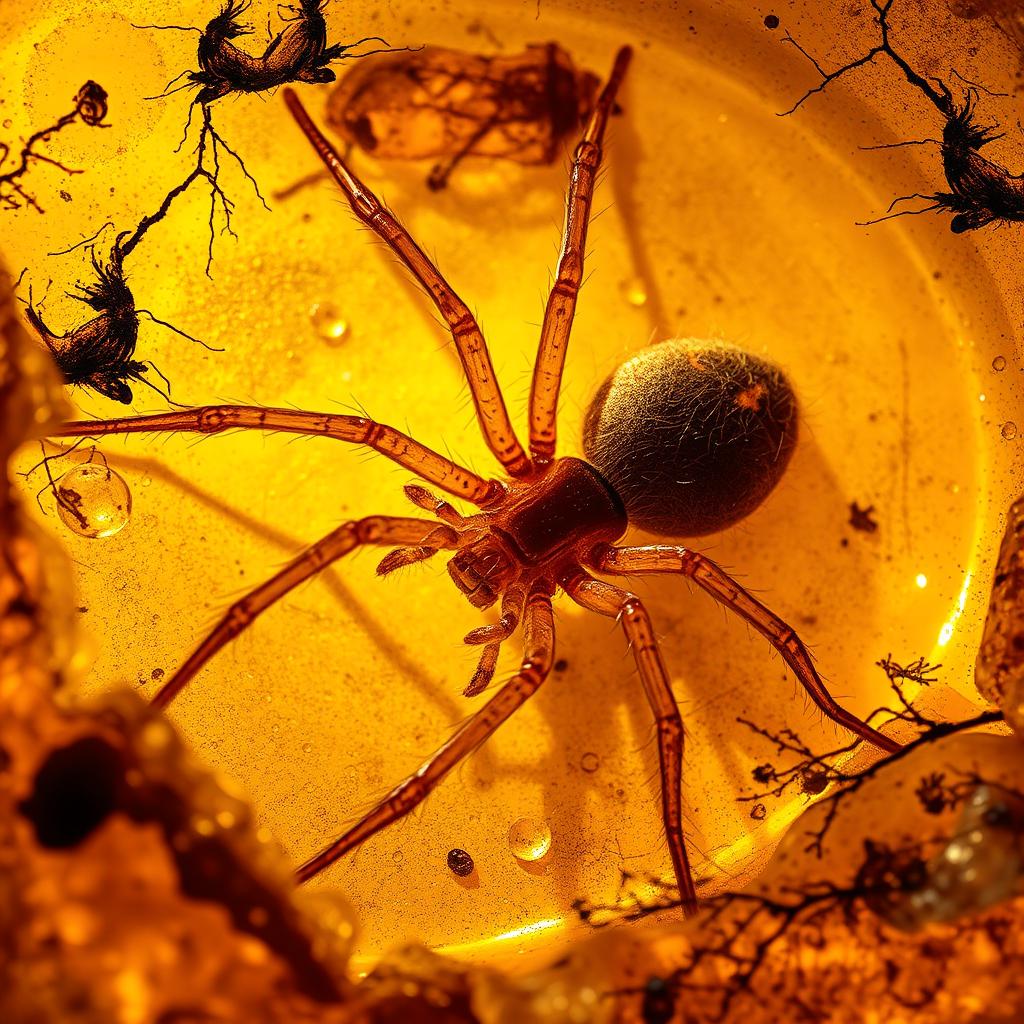 A highly detailed close-up image of a prehistoric spider fossil trapped in amber, surrounded by the intricate textures of the amber gum