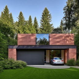 A contemporary house with a spacious garage, architecturally designed with brick and glass materials, nestled in well-kept surroundings