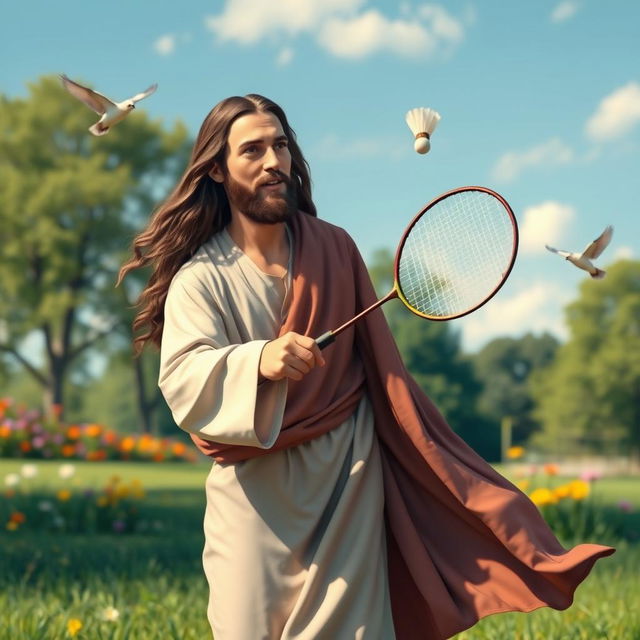 A serene and playful scene of a figure resembling Jesus, dressed in traditional robes, playing badminton in an idyllic setting