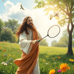 A serene and playful scene of a figure resembling Jesus, dressed in traditional robes, playing badminton in an idyllic setting