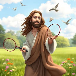 A serene and playful scene of a figure resembling Jesus, dressed in traditional robes, playing badminton in an idyllic setting
