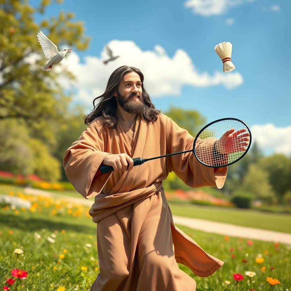 A serene and playful scene of a figure resembling Jesus, dressed in traditional robes, playing badminton in an idyllic setting