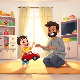 A cheerful living room scene featuring a Muslim father dressed in a casual outfit, kneeling down with a big smile, holding out a bright red toy car to his excited child