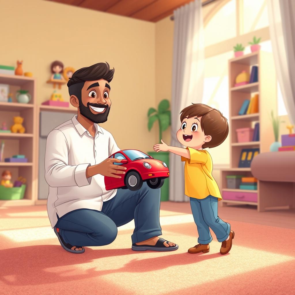 A cheerful living room scene featuring a Muslim father dressed in a casual outfit, kneeling down with a big smile, holding out a bright red toy car to his excited child