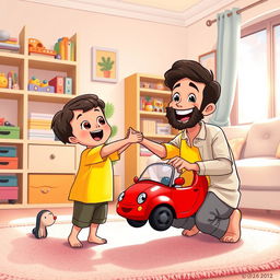 A cheerful living room scene featuring a Muslim father dressed in a casual outfit, kneeling down with a big smile, holding out a bright red toy car to his excited child