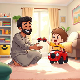 A cheerful living room scene featuring a Muslim father dressed in a casual outfit, kneeling down with a big smile, holding out a bright red toy car to his excited child