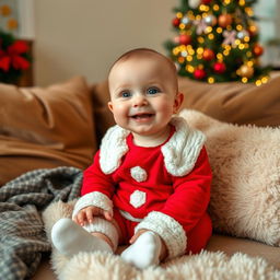 A cute baby sitting on a cozy couch, dressed in a festive Christmas outfit, surrounded by colorful holiday decorations