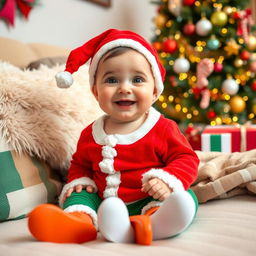 A cute baby sitting on a cozy couch, dressed in a festive Christmas outfit, surrounded by colorful holiday decorations