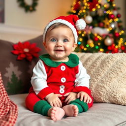 A cute baby sitting on a cozy couch, dressed in a festive Christmas outfit, surrounded by colorful holiday decorations