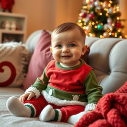 A cute baby sitting on a cozy couch, dressed in a festive Christmas outfit, surrounded by colorful holiday decorations