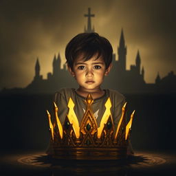 A poignant scene featuring Kaien as a small child with a determined expression, dressed in simple clothes, symbolizing hope and resilience