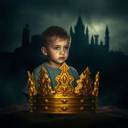 A poignant scene featuring Kaien as a small child with a determined expression, dressed in simple clothes, symbolizing hope and resilience