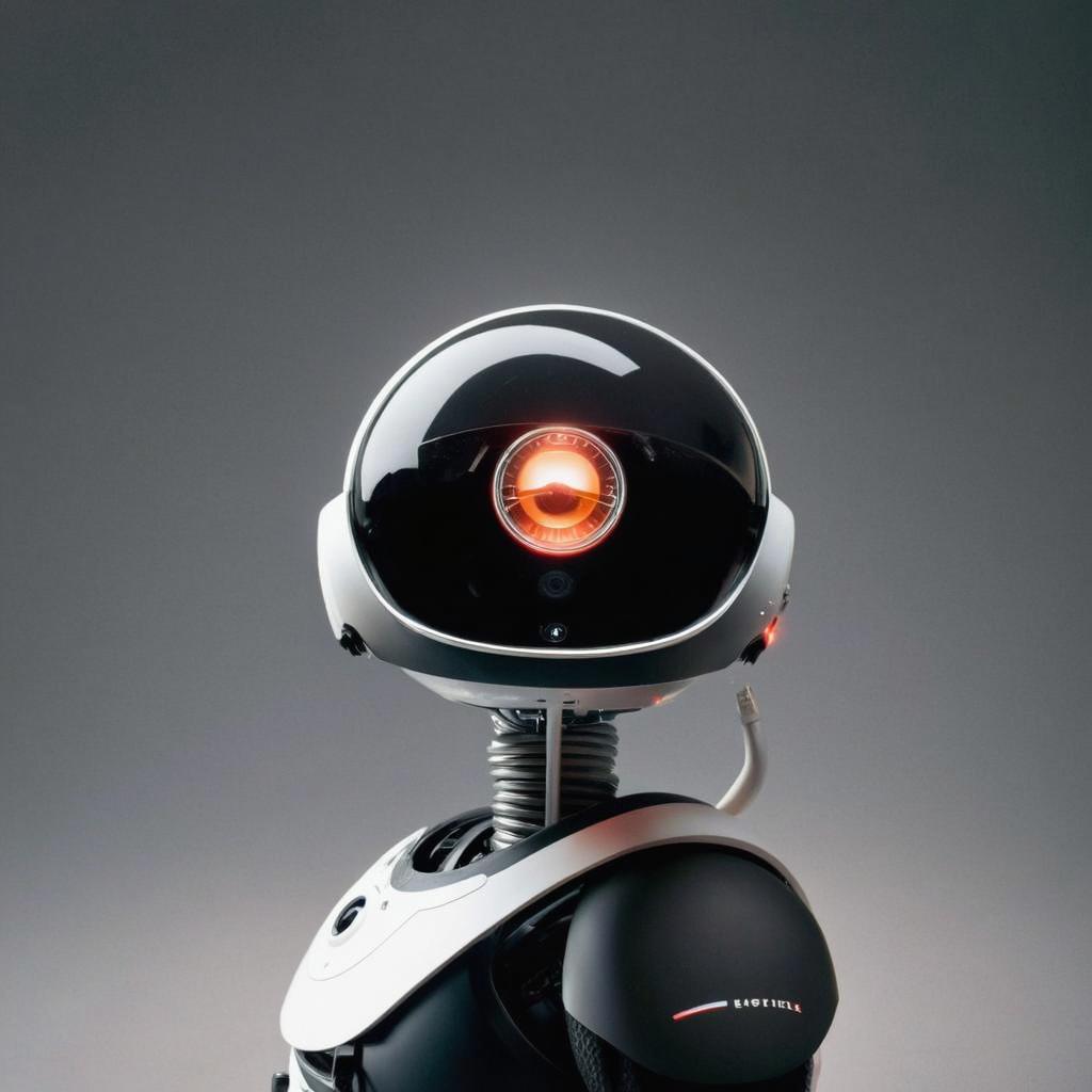 A striking, futuristic robot design featuring a smooth, glossy black head with a single glowing eye, surrounded by minimalist features and a sleek body