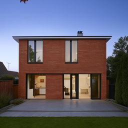 A contemporary house with a spacious garage, architecturally designed with brick and glass materials, nestled in well-kept surroundings