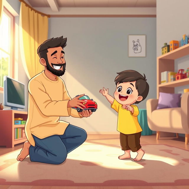 A cheerful living room scene featuring a Muslim father kneeling down with a big smile, holding out a bright red toy car to his excited child