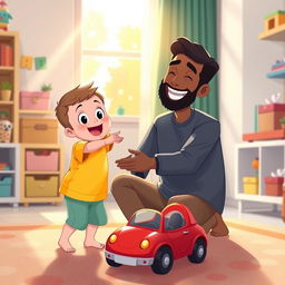 A cheerful living room scene featuring a Muslim father kneeling down with a big smile, holding out a bright red toy car to his excited child