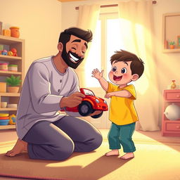 A cheerful living room scene featuring a Muslim father kneeling down with a big smile, holding out a bright red toy car to his excited child