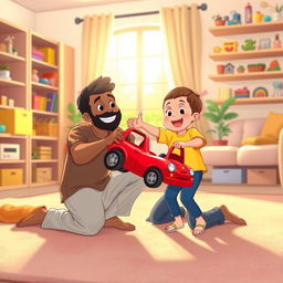 A cheerful living room scene featuring a Muslim father kneeling down with a big smile, holding out a bright red toy car to his excited child