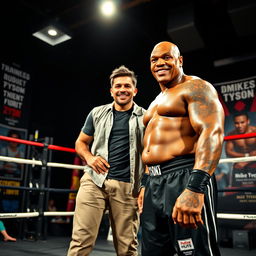 A dynamic and engaging scene featuring a person standing confidently in the middle with Mike Tyson, a legendary boxer known for his powerful physique and fierce gaze