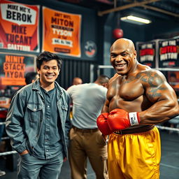 A dynamic and engaging scene featuring a person standing confidently in the middle with Mike Tyson, a legendary boxer known for his powerful physique and fierce gaze