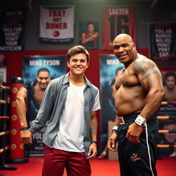 A dynamic and engaging scene featuring a person standing confidently in the middle with Mike Tyson, a legendary boxer known for his powerful physique and fierce gaze