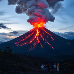 A majestic and powerful volcano erupting dramatically, with molten lava flowing down its slopes and ash clouds billowing into the sky