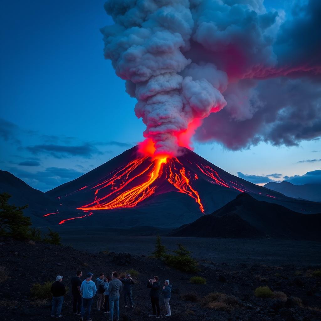 A majestic and powerful volcano erupting dramatically, with molten lava flowing down its slopes and ash clouds billowing into the sky