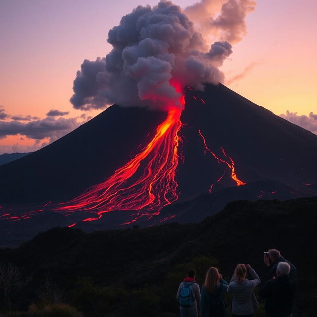 A majestic and powerful volcano erupting dramatically, with molten lava flowing down its slopes and ash clouds billowing into the sky