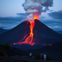 A majestic and powerful volcano erupting dramatically, with molten lava flowing down its slopes and ash clouds billowing into the sky