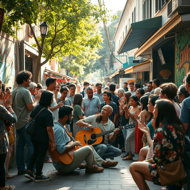 A vibrant street scene depicting a musician sitting on the ground, playing the guitar passionately