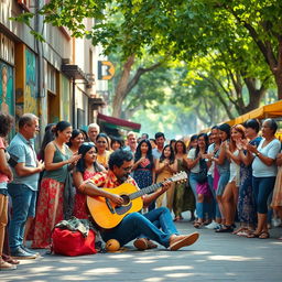 A vibrant street scene depicting a musician sitting on the ground, playing the guitar passionately