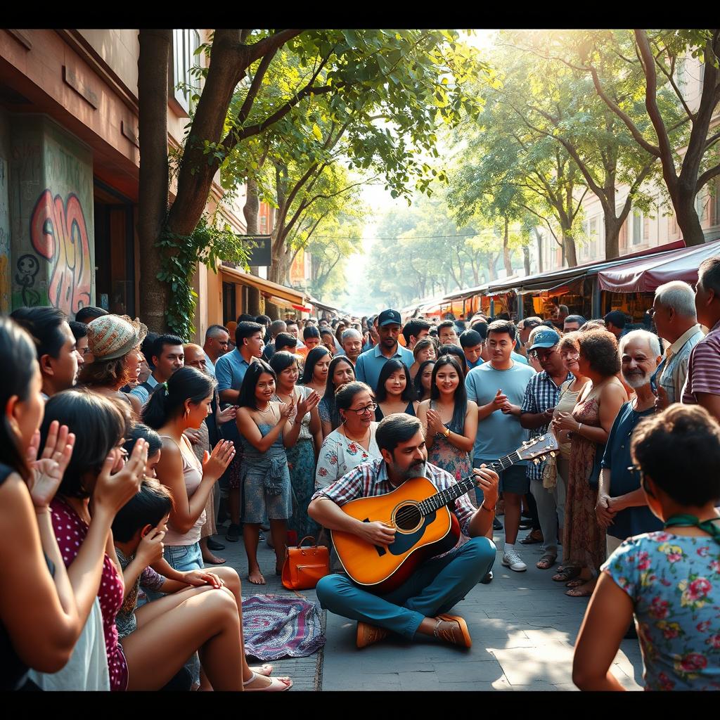 A vibrant street scene depicting a musician sitting on the ground, playing the guitar passionately