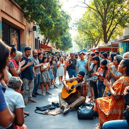 A vibrant street scene depicting a musician sitting on the ground, playing the guitar passionately