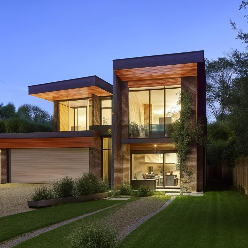 A contemporary house with a spacious garage, architecturally designed with brick and glass materials, nestled in well-kept surroundings