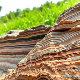 A stunning close-up view of sedimentary rocks showcasing their layered textures and colors, revealing details such as fossils, mineral grains, and the stratification process