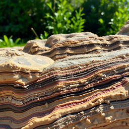 A stunning close-up view of sedimentary rocks showcasing their layered textures and colors, revealing details such as fossils, mineral grains, and the stratification process
