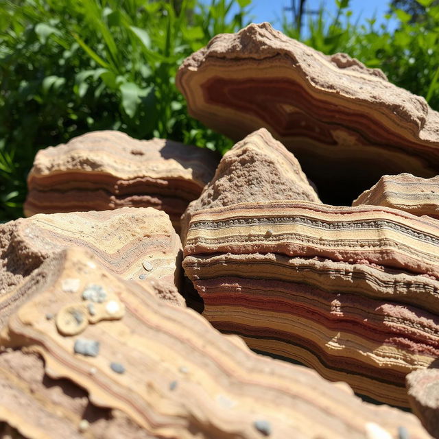 A stunning close-up view of sedimentary rocks showcasing their layered textures and colors, revealing details such as fossils, mineral grains, and the stratification process