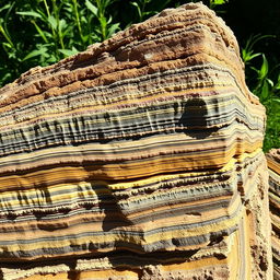 A stunning close-up view of sedimentary rocks showcasing their layered textures and colors, revealing details such as fossils, mineral grains, and the stratification process