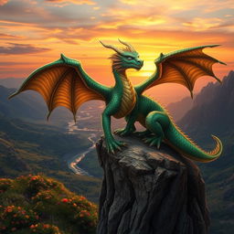 A majestic and powerful dragon perched on a rocky cliff overlooking a vast fantasy landscape