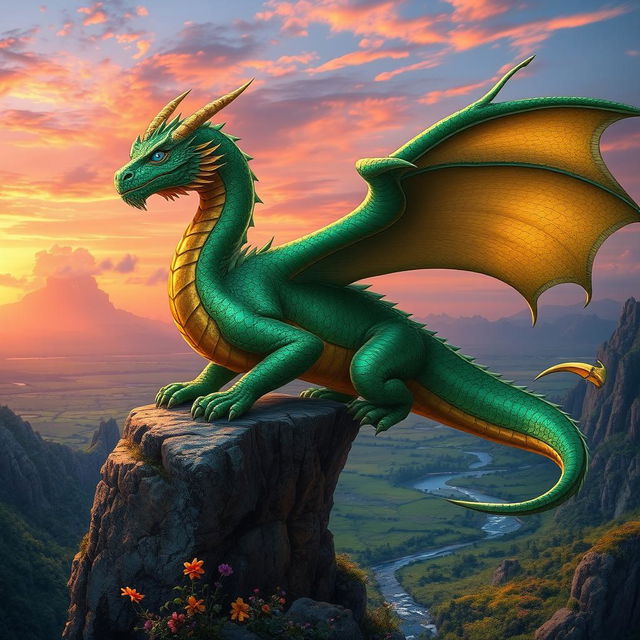 A majestic and powerful dragon perched on a rocky cliff overlooking a vast fantasy landscape