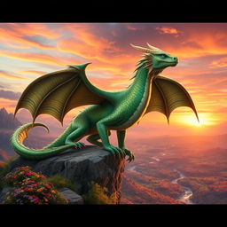 A majestic and powerful dragon perched on a rocky cliff overlooking a vast fantasy landscape