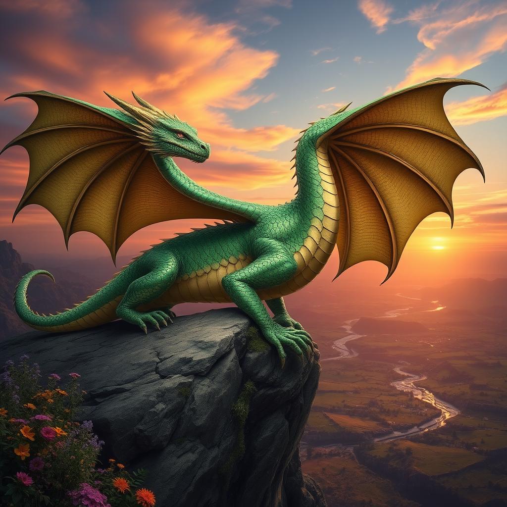 A majestic and powerful dragon perched on a rocky cliff overlooking a vast fantasy landscape