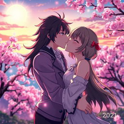 A colorful and vibrant anime scene featuring two adult characters in a romantic embrace, sharing passionate kisses
