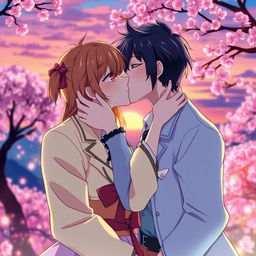 A colorful and vibrant anime scene featuring two adult characters in a romantic embrace, sharing passionate kisses