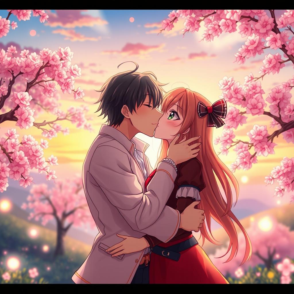 A colorful and vibrant anime scene featuring two adult characters in a romantic embrace, sharing passionate kisses