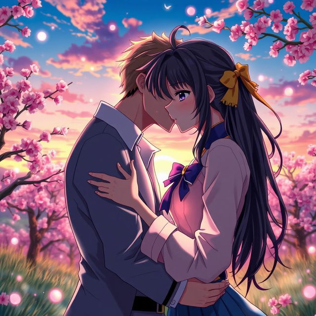 A colorful and vibrant anime scene featuring two adult characters in a romantic embrace, sharing passionate kisses