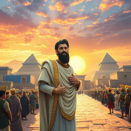 Cyrus the Great stands gracefully at the forefront of a grand, ancient Babylonian landscape