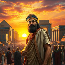 Cyrus the Great stands gracefully at the forefront of a grand, ancient Babylonian landscape