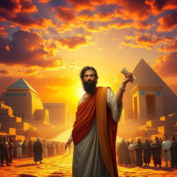 Cyrus the Great stands gracefully at the forefront of a grand, ancient Babylonian landscape