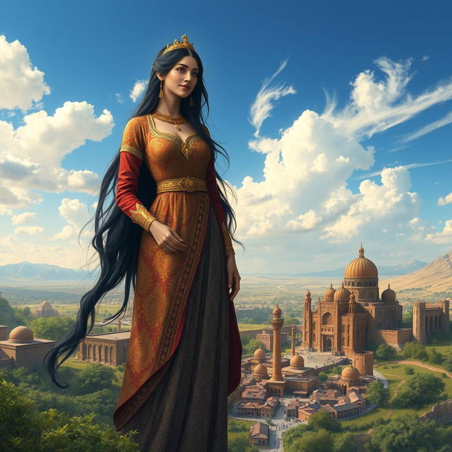 A majestic Iranian giantess standing tall in a vibrant landscape filled with ancient Persian architecture